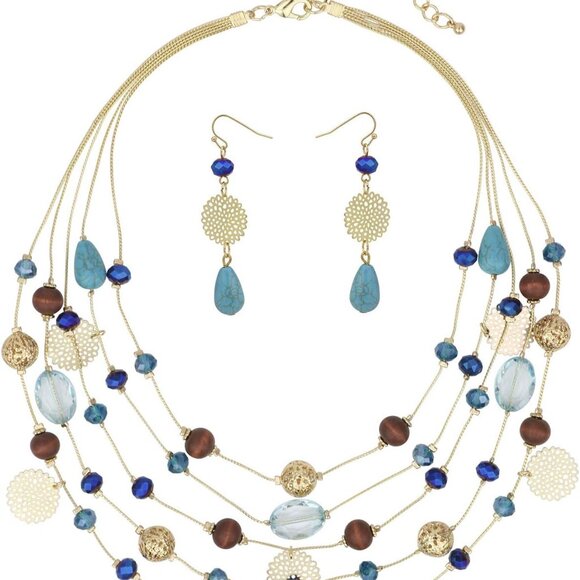 5Layer Beaded Wire Collar Necklace Earrings Set for Women Summer Fashion - Picture 1 of 7